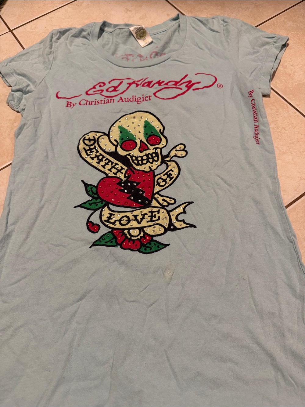 Christian Audigier Light Blue Short Sleeve Tee with Skull & Heart Graphic